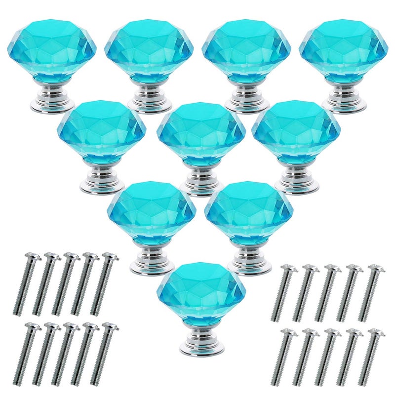 Akstore 10 Pcs Crystal Glass Cabinet Knobs 30mm Diamond Shape Drawer Kitchen Cabinets Dresser Cupboard Wardrobe Pulls Handles (Sky Blue) - Image 1